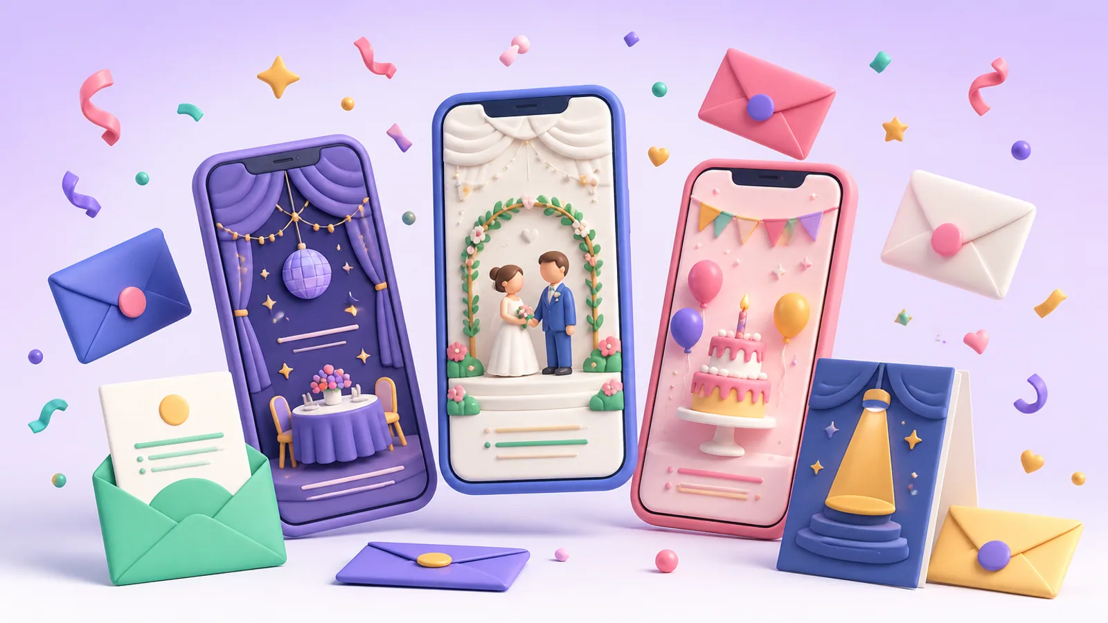 Animated wedding, party and birthday invitations on three phones, surrounded by envelopes and confetti